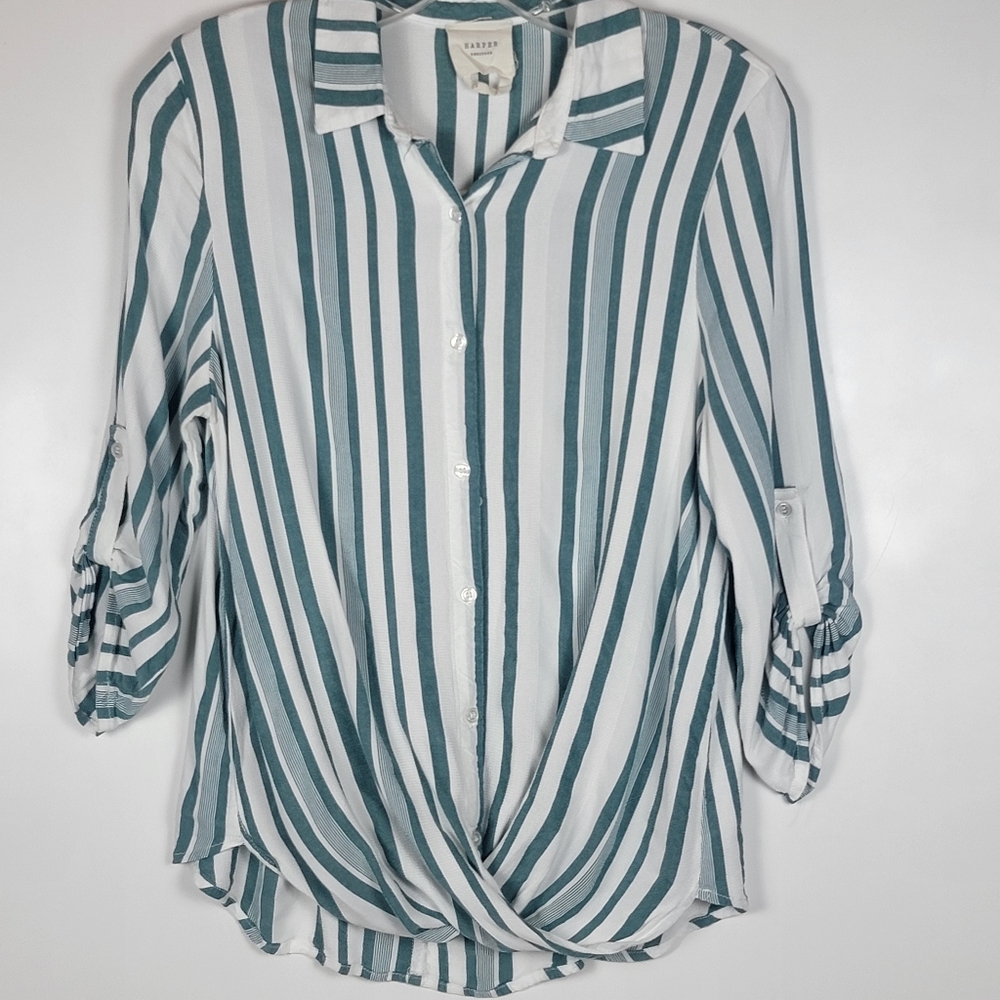 Harper Heritage Striped Button Down with a Twist, 3/4 Sleeve, EUC, size Small